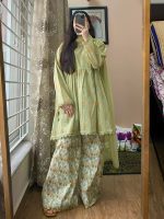 3-Piece Premium Cotton Printed Dress with Plazo Ready To Wear-Green - Image 4