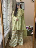 3-Piece Premium Cotton Printed Dress with Plazo Ready To Wear-Green - Image 2