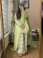 3-Piece Premium Cotton Printed Dress with Plazo Ready To Wear-Green