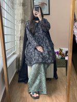3-Piece Premium Cotton Printed Dress with Plazo Ready To Wear-Black