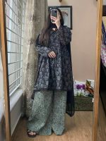 3-Piece Premium Cotton Printed Dress with Plazo Ready To Wear-Black - Image 3