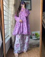 3-Piece Premium Cotton Printed Dress with Plazo Ready To Wear-Purple - Image 3