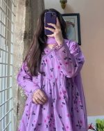 3-Piece Premium Cotton Printed Dress with Plazo Ready To Wear-Purple - Image 4