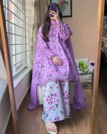 3-Piece Premium Cotton Printed Dress with Plazo Ready To Wear-Purple