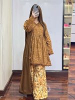 3-Piece Premium Cotton Printed Dress with Plazo Ready To Wear-Yellow - Image 2