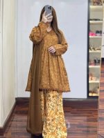3-Piece Premium Cotton Printed Dress with Plazo Ready To Wear-Yellow - Image 4